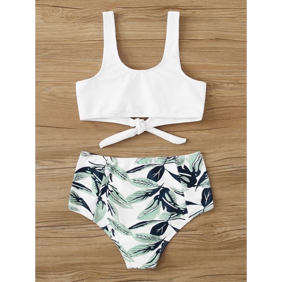 Ribbed tankini knot bikini tropical leaf white - Picture 3 of 4